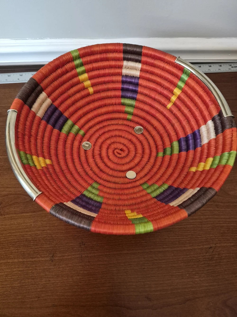 Cellia Handwoven orange Multicolor Decorative Bowl with Chrome Handles  Accents